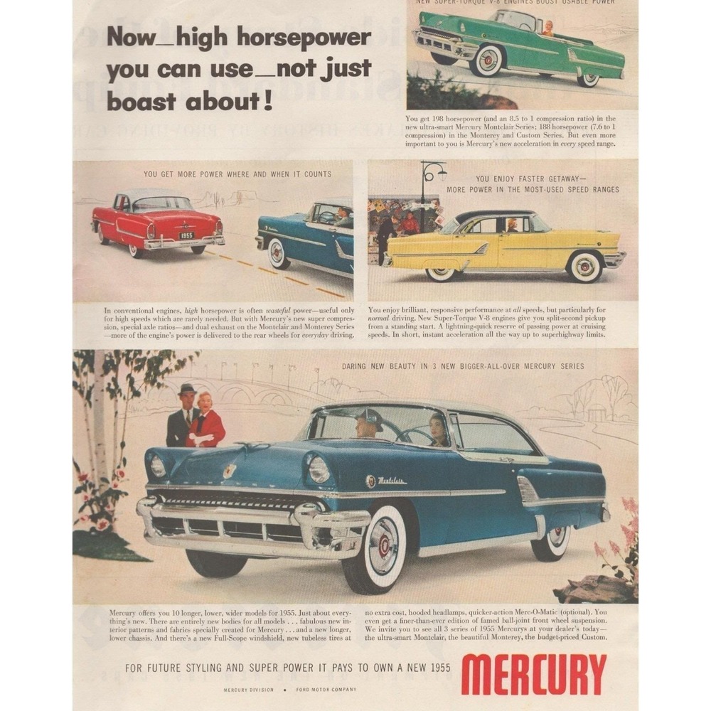 1955 Mercury Monterey Montclair Series Vintage Print Ad Super Torque V8 Power